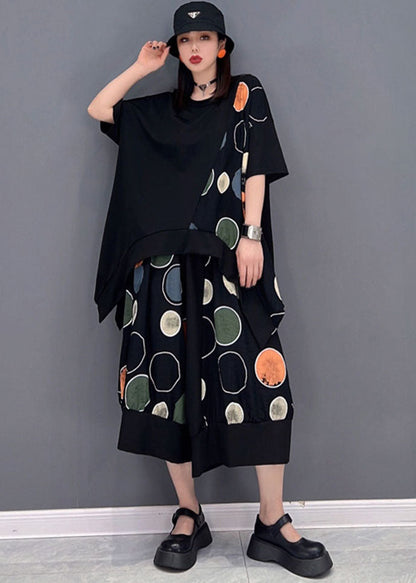 Black Asymmetrical Patchwork Dot Print Cotton Sets 2 Pieces Summer