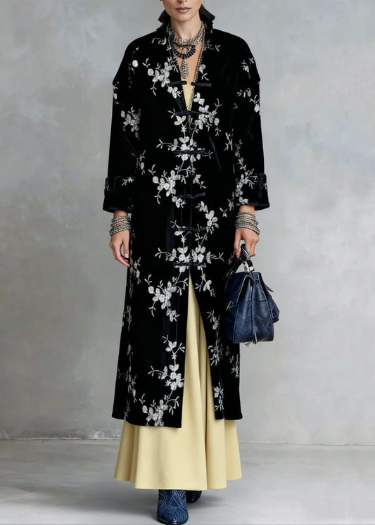 Slim Fit Black Chinese Button Print Silk Velvet Coat Spring