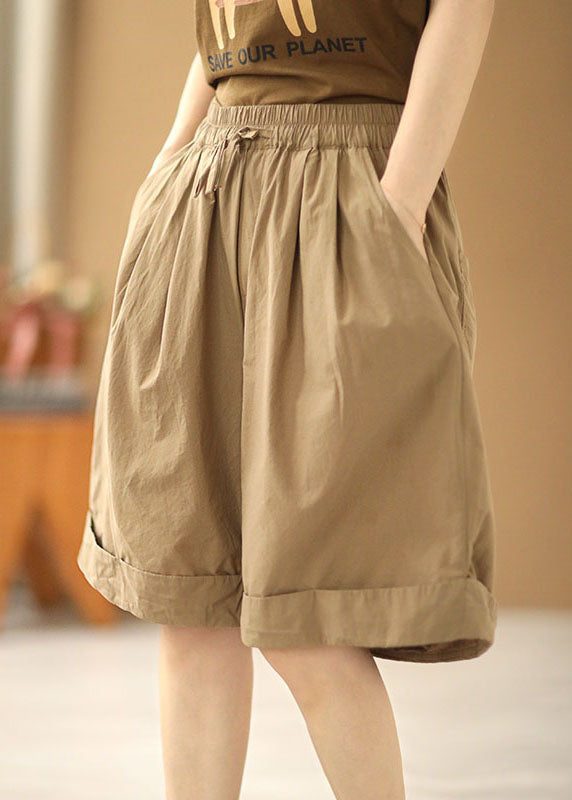 Stylish Khaki Elastic Waist Pockets Color Cotton Wide Leg Shorts Summer