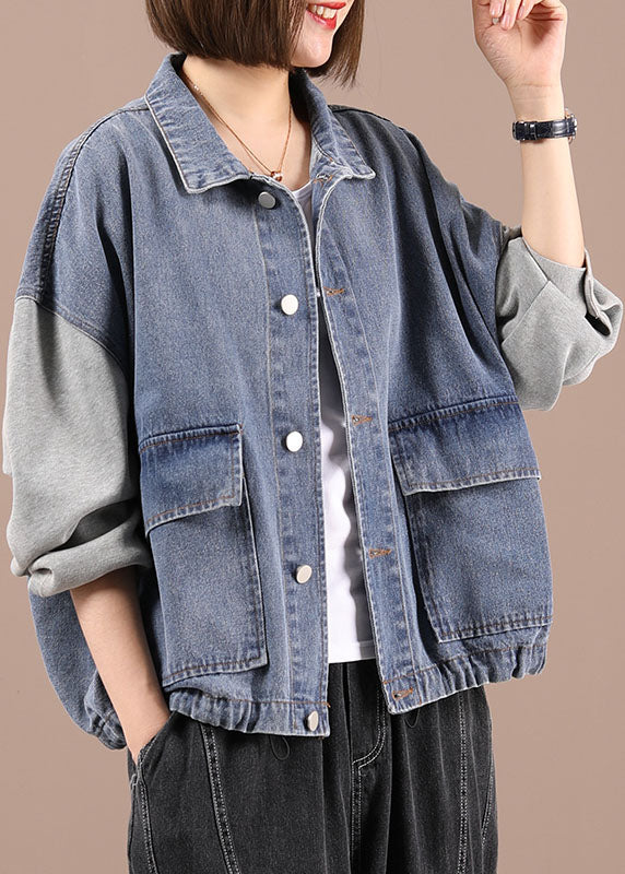 Black Patchwork Pockets Fall Denim Jackets Long Sleeve