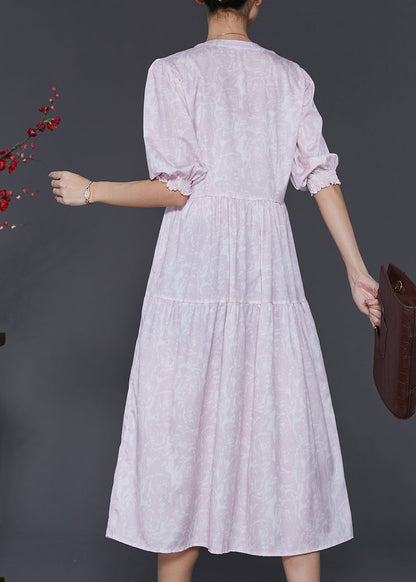 Light Purple Print Wrinkled Cotton Dress Summer