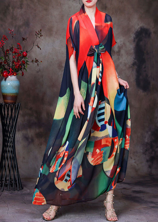 Red Print Asymmetrical Design Chiffon Beach Dress and Spaghetti Strap Dress Two Pieces Set Summer