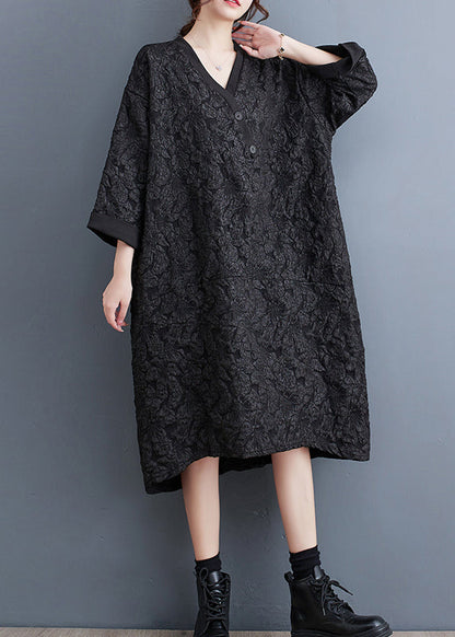 Black Jacquard Patchwork Cotton Dress V Neck Fall