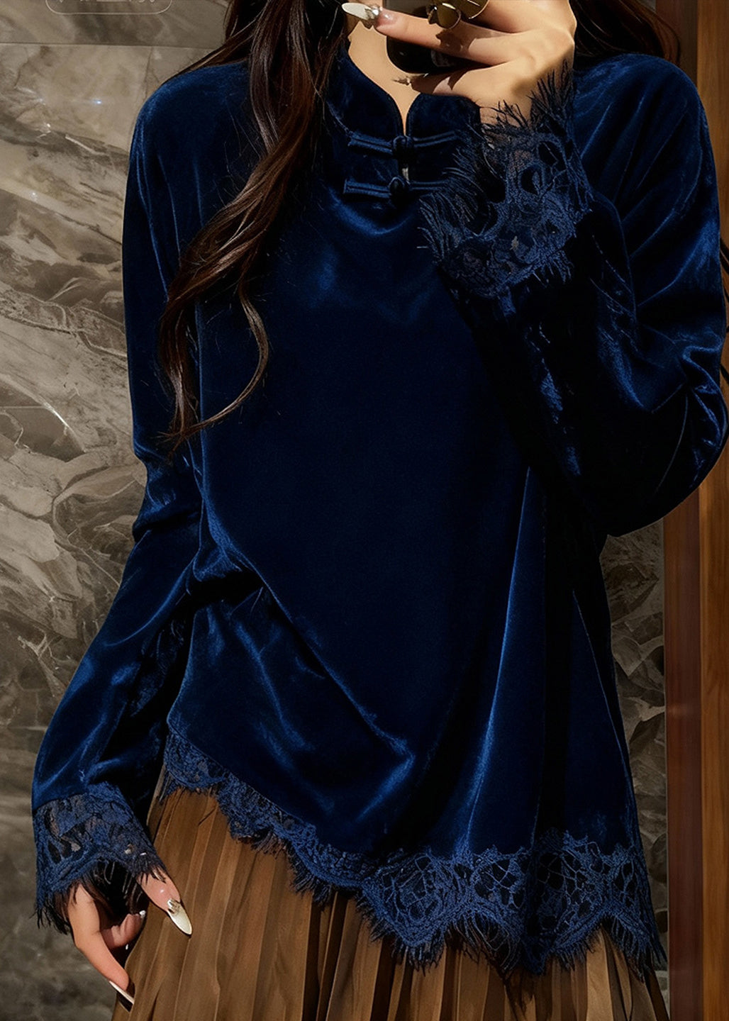 Peacock Blue Mandarin Collar Patchwork Lace Silk Velour Top Spring