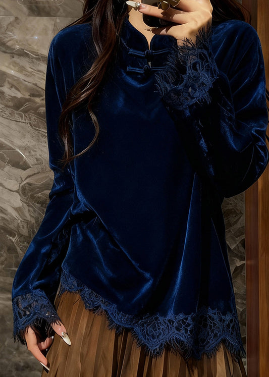Peacock Blue Mandarin Collar Patchwork Lace Silk Velour Top Spring