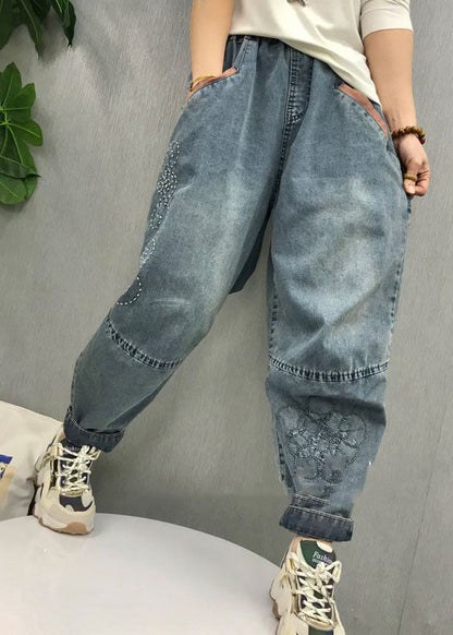 Natural Blue Embroideried Patchwork Denim Pants Spring