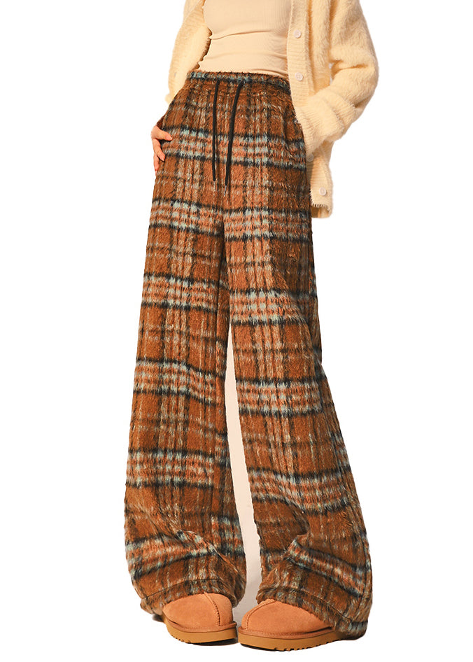Coffee Plaid Pockets Elastic Waist Cotton Blend Wide Leg Pants Spring