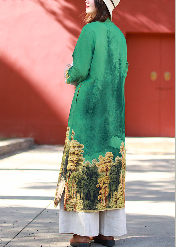 Green Stand Collar Side Open Print Dresses Long Sleeve