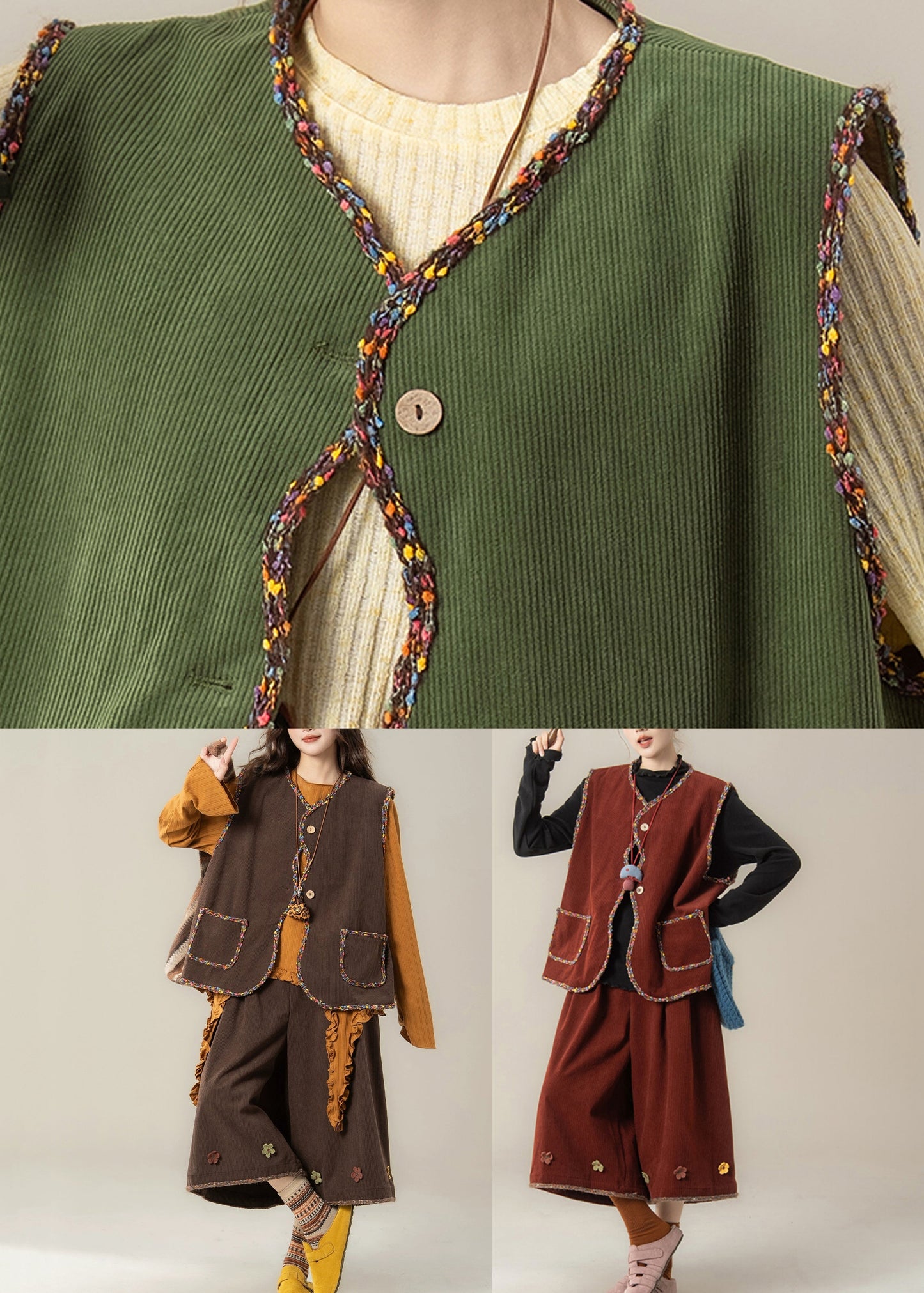 Organic Red V Neck Corduroy Waistcoat ,top and Crop Pants Three Pieces Set Fall