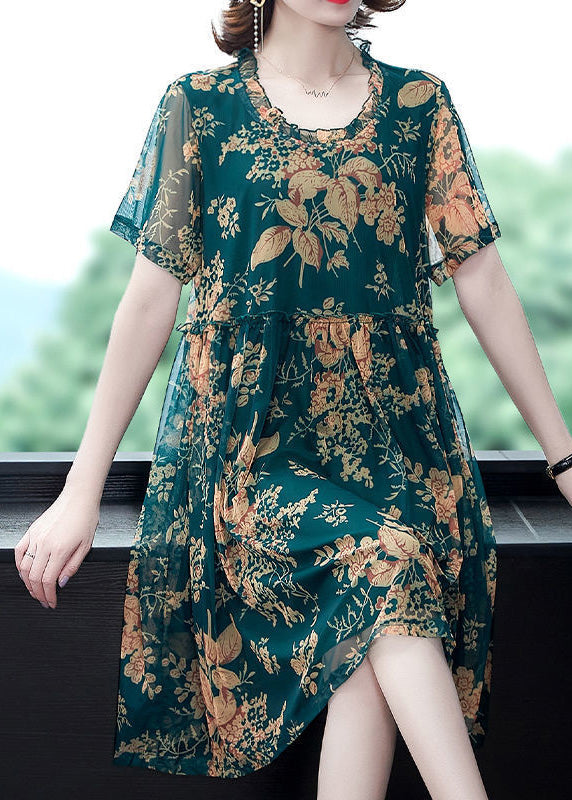 Italian Green O-neck Print Holiday Long Dress Summer