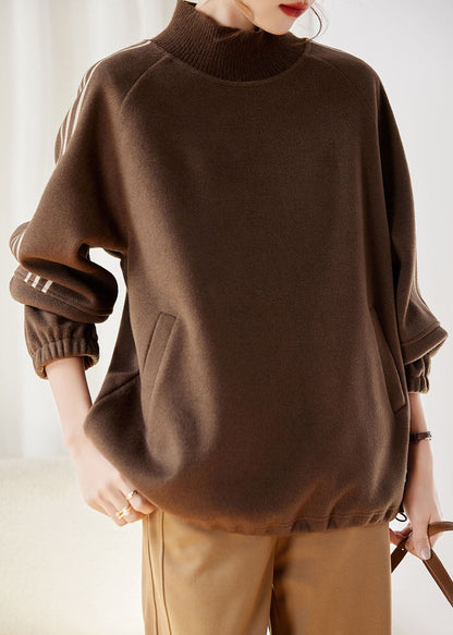 Khaki Striped Patchwork Drawstring Thick Pullover Fall