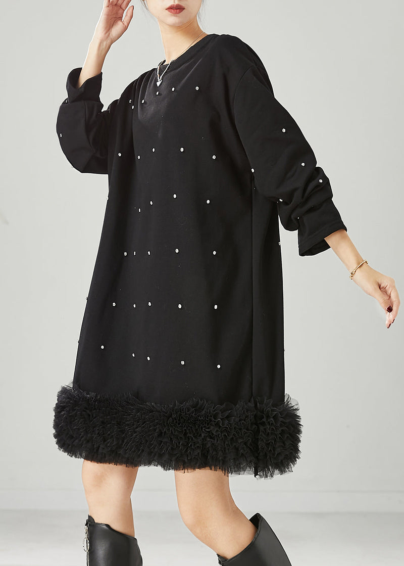 Diy Black Oversized Patchwork Ruffled Cotton Sweatshirt Dress Spring