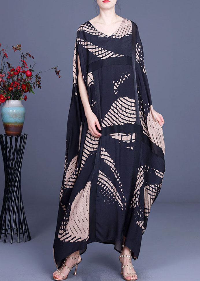 Loose Black Print O-neck Batwing Sleeve Silk Dresses Summer