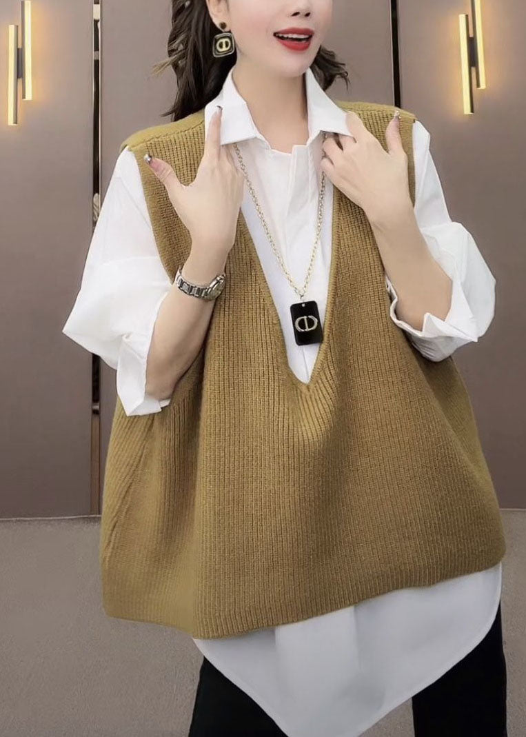 Modern V Neck Yellow Knit Waistcoat and Shirts Two Pieces Set Long Sleeve