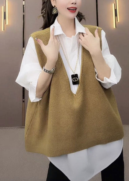 Modern V Neck Yellow Knit Waistcoat and Shirts Two Pieces Set Long Sleeve