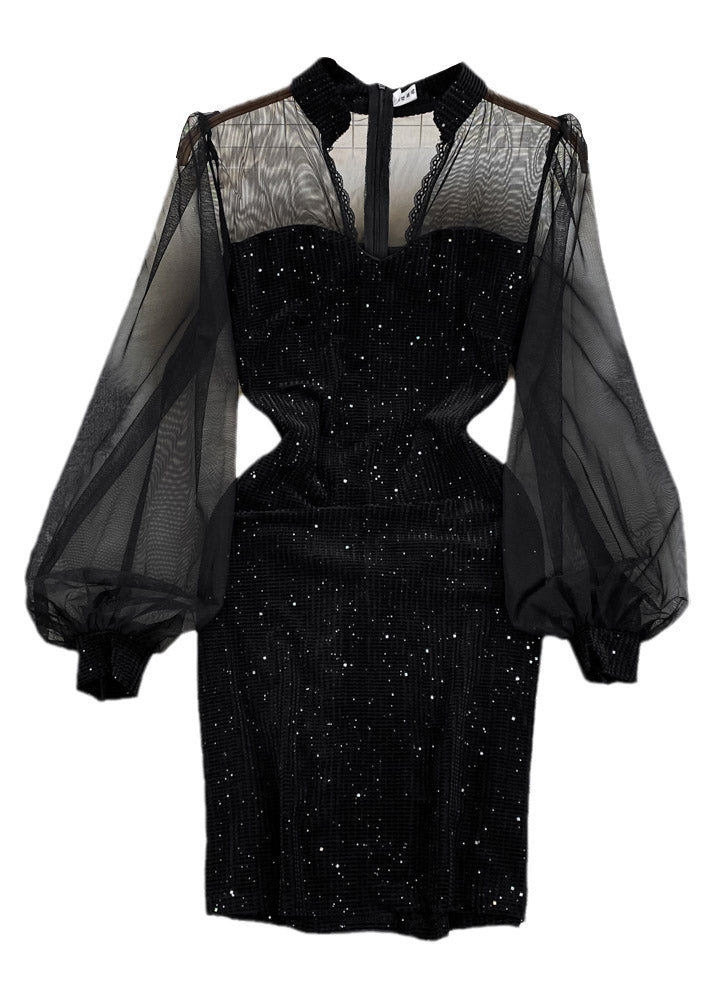 Black V Neck Sequins Patchwork Tulle Tunic Mid Dress Lantern Sleeve