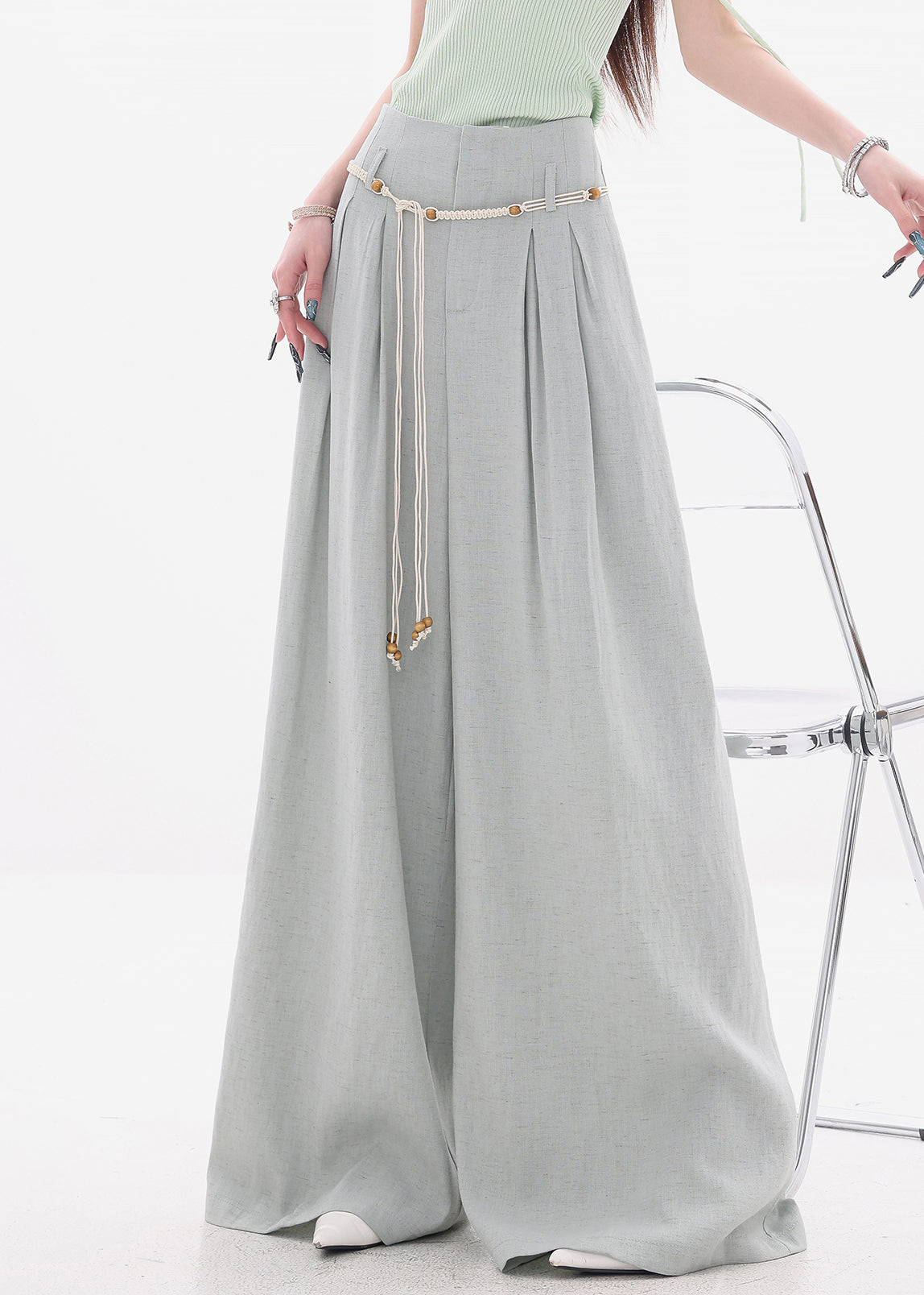 New Grey Zippered Cotton Wide Leg Pants High Waist Fall