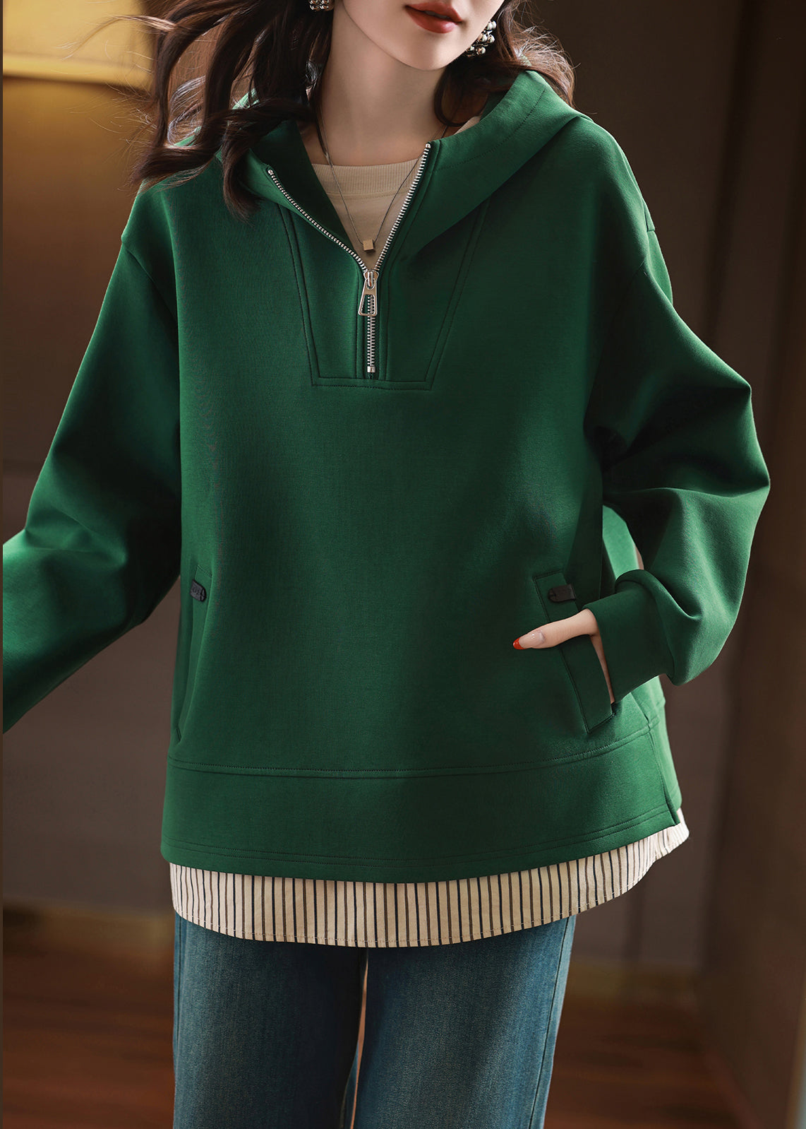 Green Zip Up Patchwork Hooded Cotton Pullover Fall