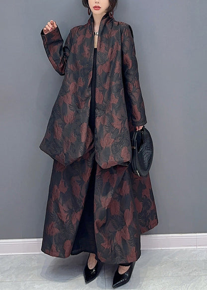 Brown Asymmetrical Jacquard Patchwork Cotton Cardigan Fall