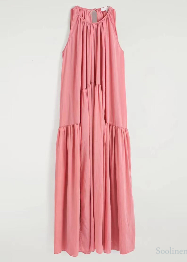 Pink Cold Shoulder Wrinkled Cotton Sundresses Summer
