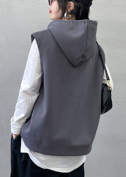 Modern Grey Drawstring Cotton Pullover Vest Sleeveless