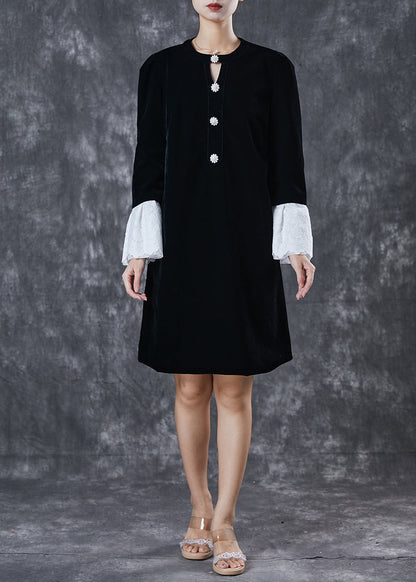 French Black Hollow Out Velour Holiday Dress Flare Sleeve
