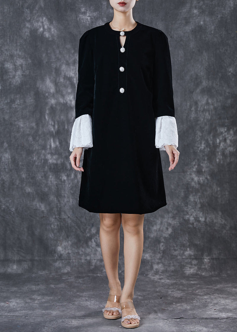 French Black Hollow Out Velour Holiday Dress Flare Sleeve