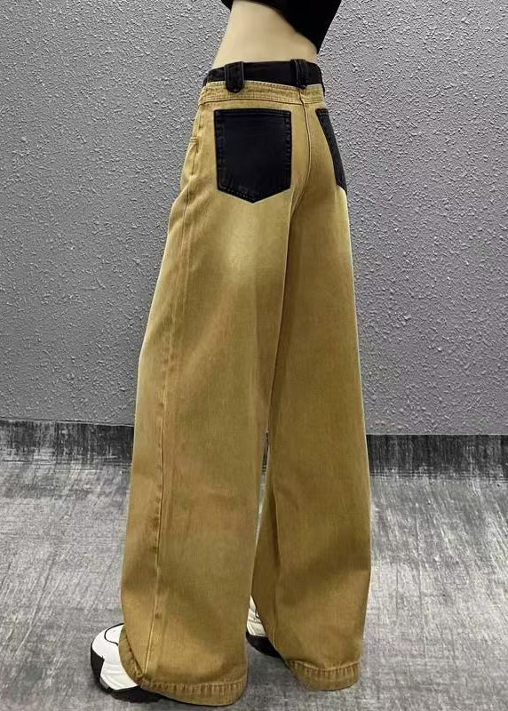 Khaki Pockets Patchwork Denim Wide Leg Pants Fall