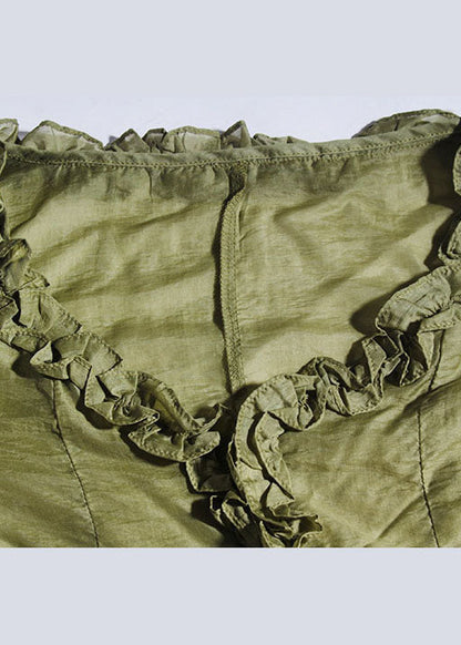 French Green Ruffled V Neck Chiffon Tops Spring