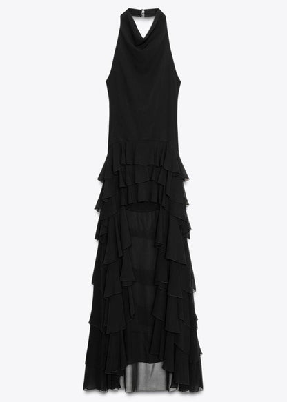 Black Ruffled Low High Design Chiffon Dresses Sleeveless