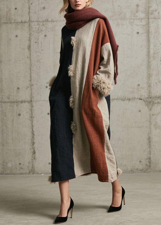 Colorblock Fuzzy Fur Fluffy Patchwork Cotton Dress Fall