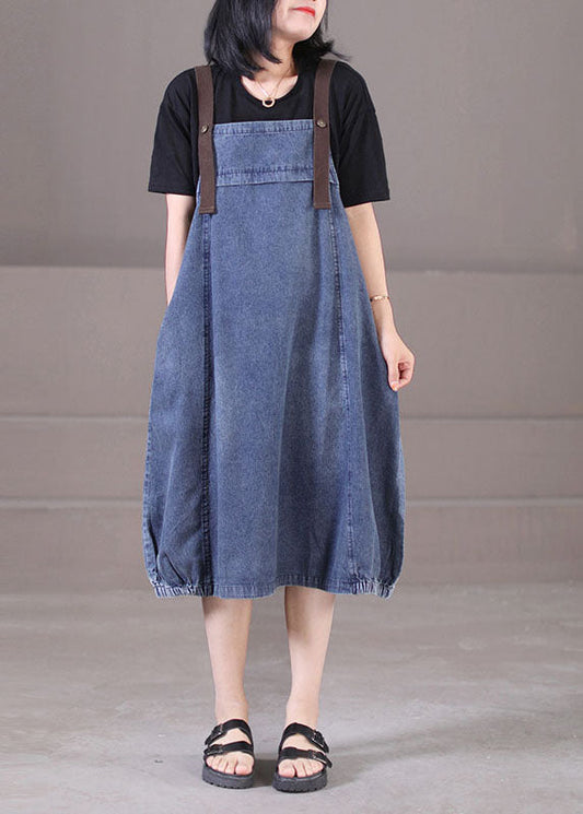 Denim Blue Original Design Cotton Strap Long Dresses Summer