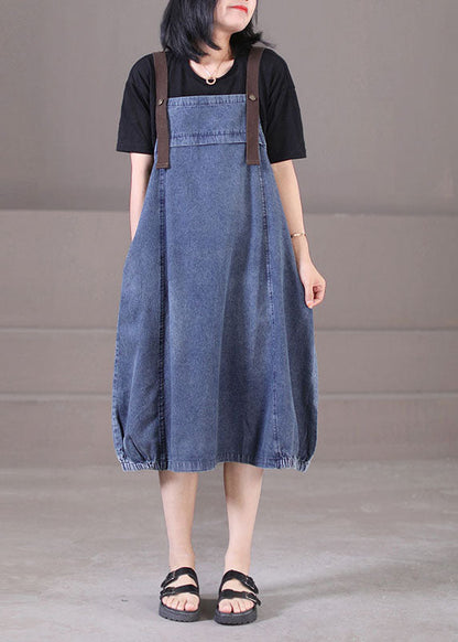 Denim Blue Original Design Cotton Strap Long Dresses Summer