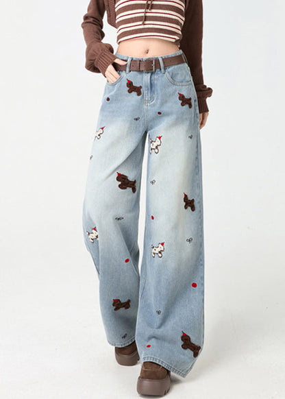 Light Blue Little Dogs Embroidered High Waist Warm Fleece Jeans Spring