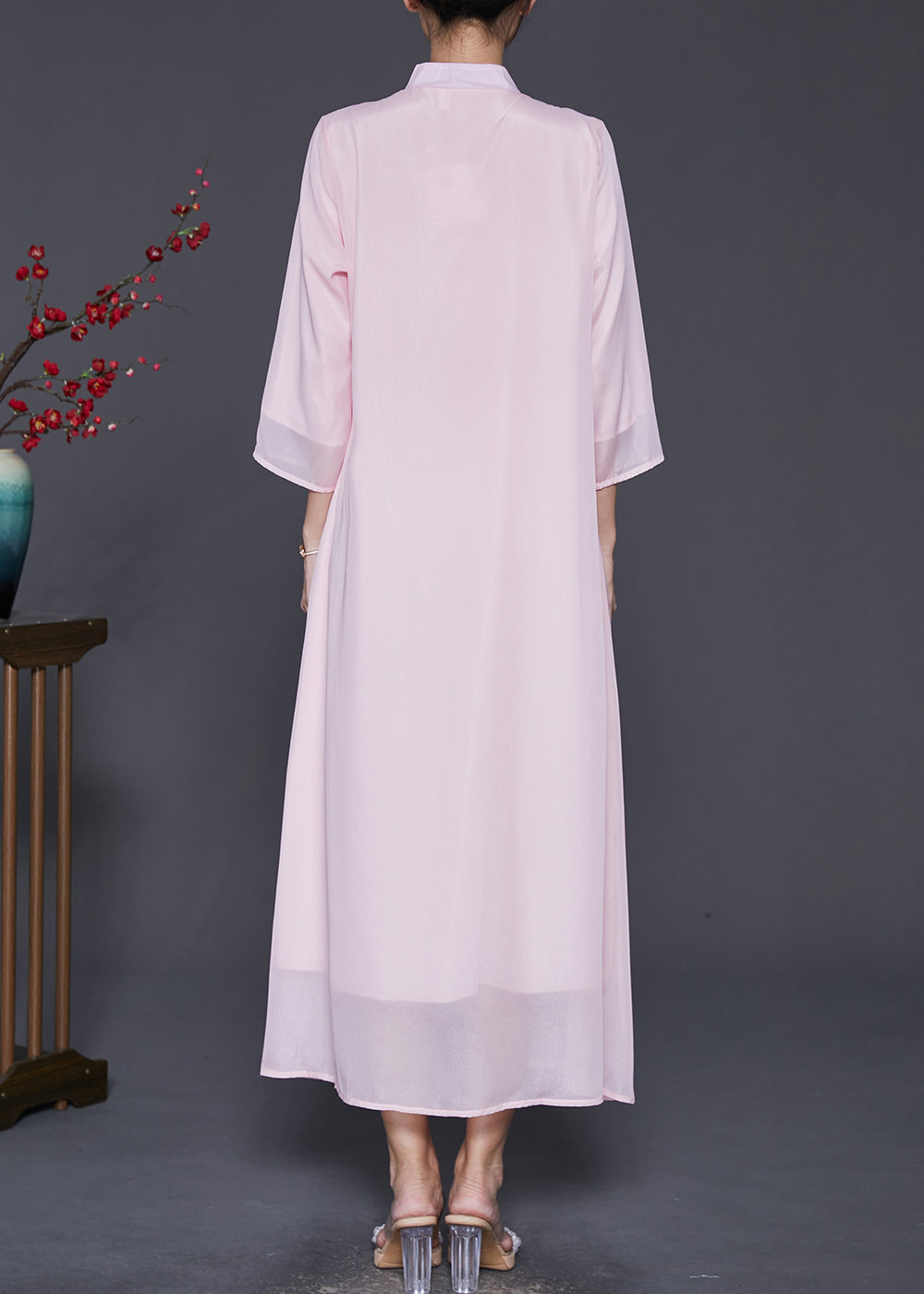 Organic Pink Embroidered Chiffon a Line Dress Bracelet Sleeve