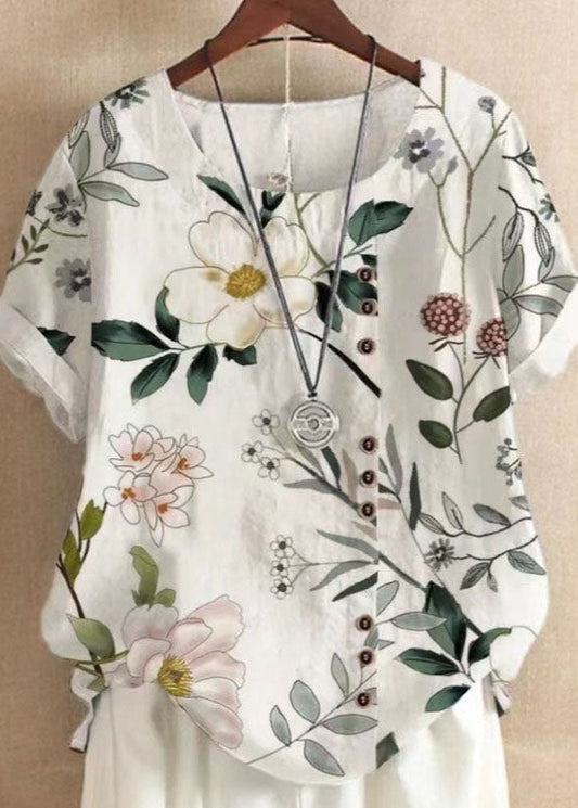 White O Neck Print Patchwork Linen T Shirts Tops Summer