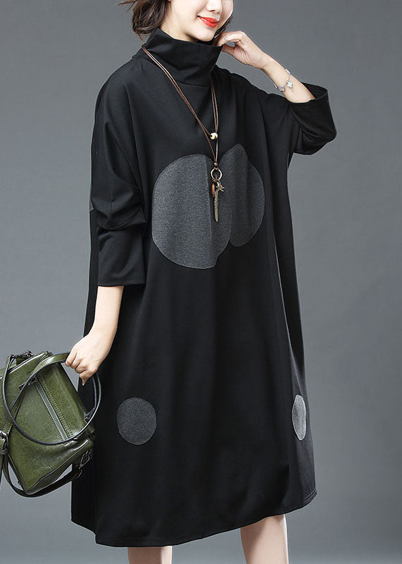 Black Turtleneck Dot Print Patchwork Cotton Dresses Fall