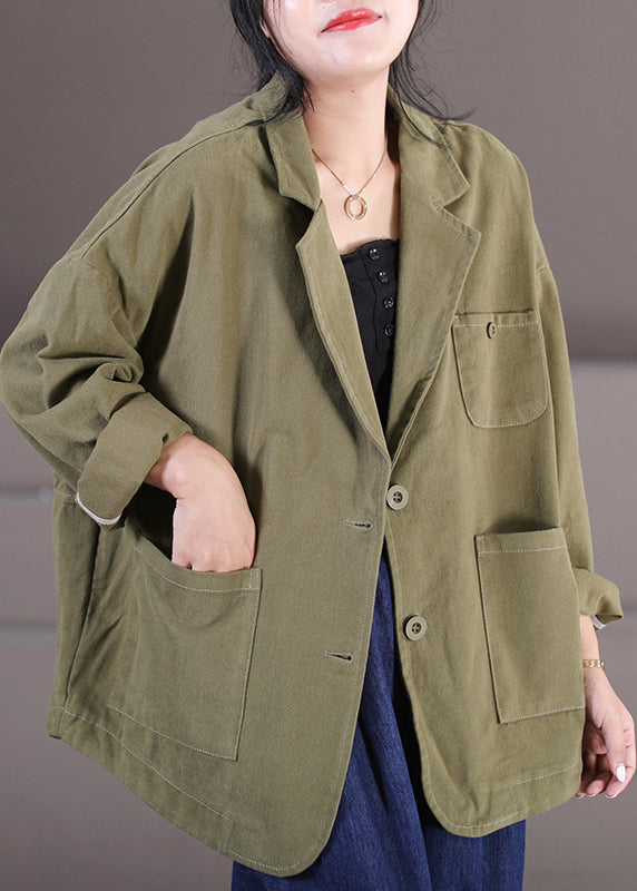 Army Green Mandarin Collar Patchwork Button Coats Fall