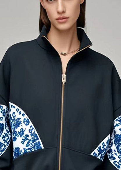 Black Oversized Patchwork Print Cotton Coats Fall