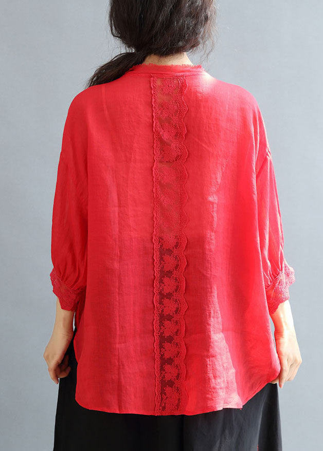 Red Patchwork Lace Linen Loose Tops O-neck Bracelet Sleeve
