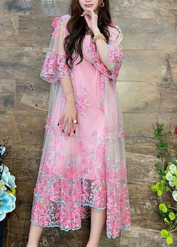 Pink Tulle Cardigans Spaghetti Strap Two Pieces Set Embroideried Summer