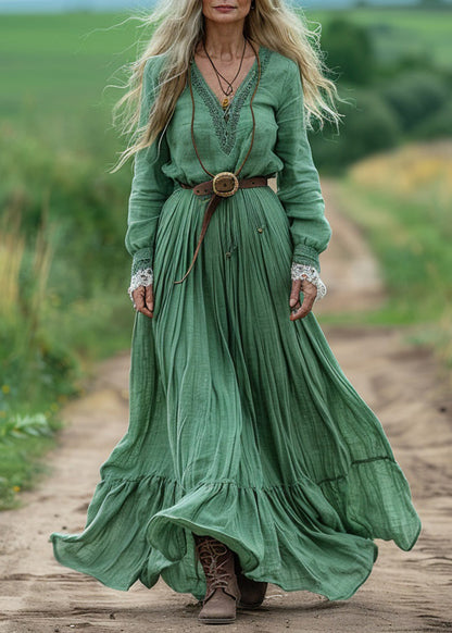Green V Neck Wrinkled Patchwork Cotton Dresses Spring