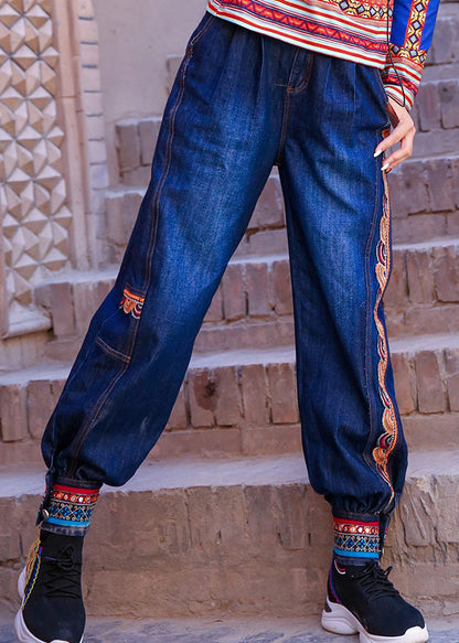 Blue High Waist Print Cotton Denim Beam Pants Spring