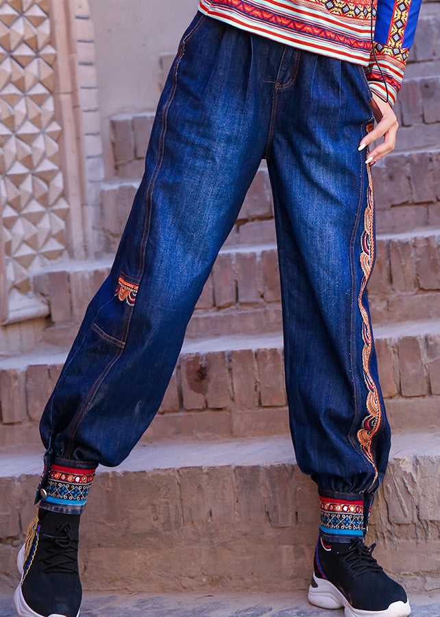 Blue High Waist Print Cotton Denim Beam Pants Spring