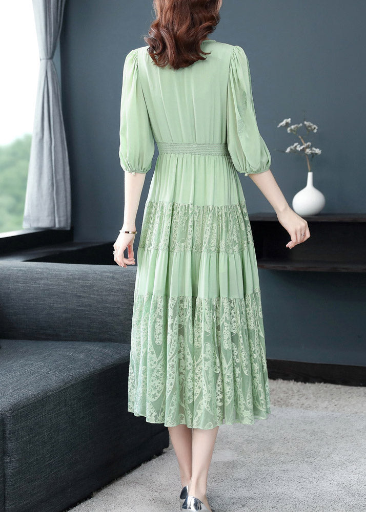 Simple Green V Neck Embroideried Elastic Waist Silk Long Dress Short Sleeve Summer