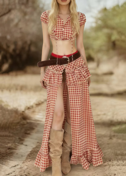 Pink Plaid Side Open Cotton Two Pieces Set Summer