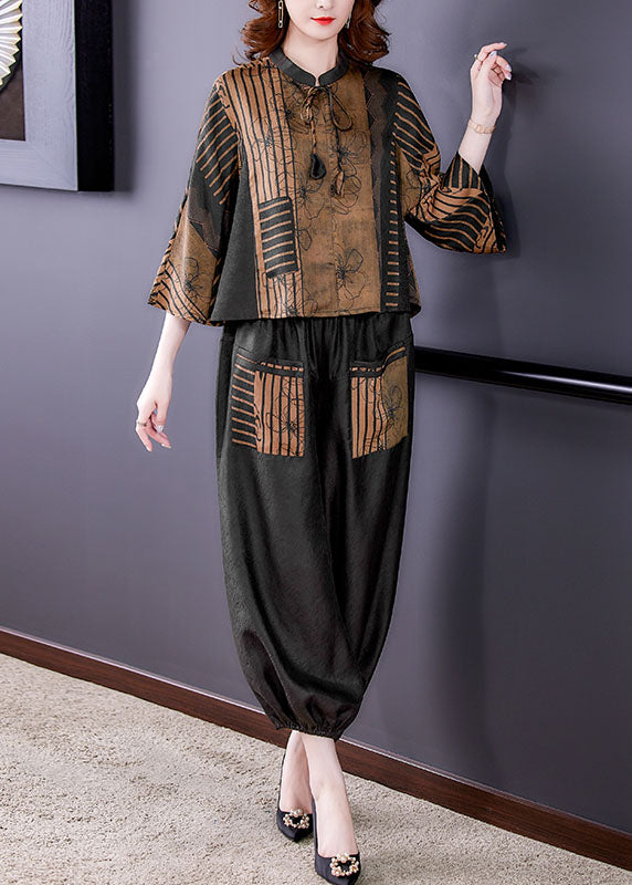 Chocolate Stand Collar Patchwork Print Silk Two Pieces Set Bracelet Sleeve