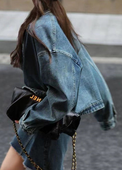 Retro Blue Peter Pan Collar Patchwork Button Denim Coats Long Sleeve Fall