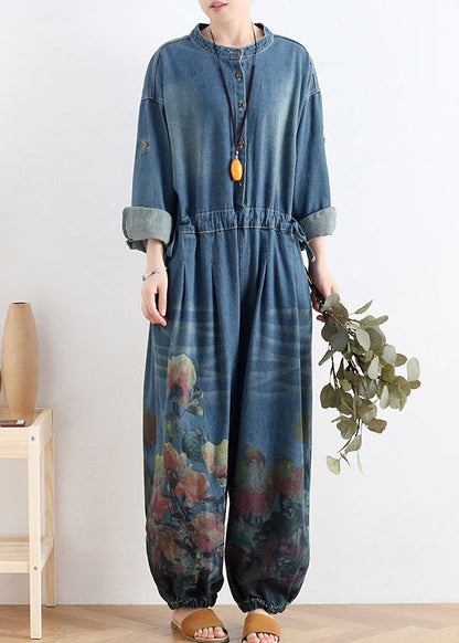 Blue O-neck Button Cotton Denim Jumpsuit Long Sleeve