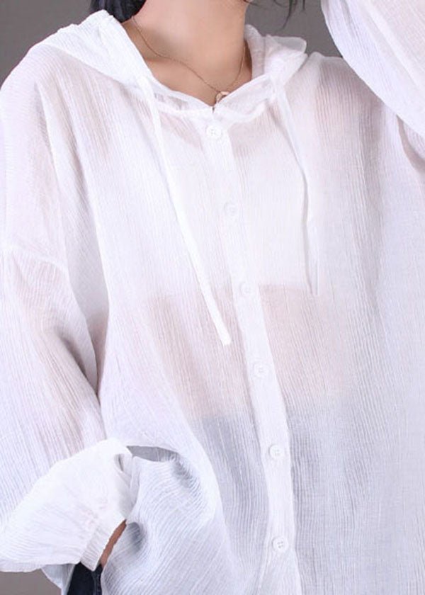 White Color Drawstring Hooded Cotton Loose Coat Long Sleeve